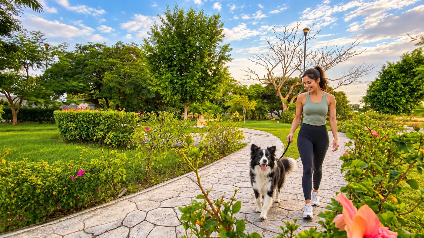 Mujer paseando a su perro por los andadores y áreas verdes del desarrollo