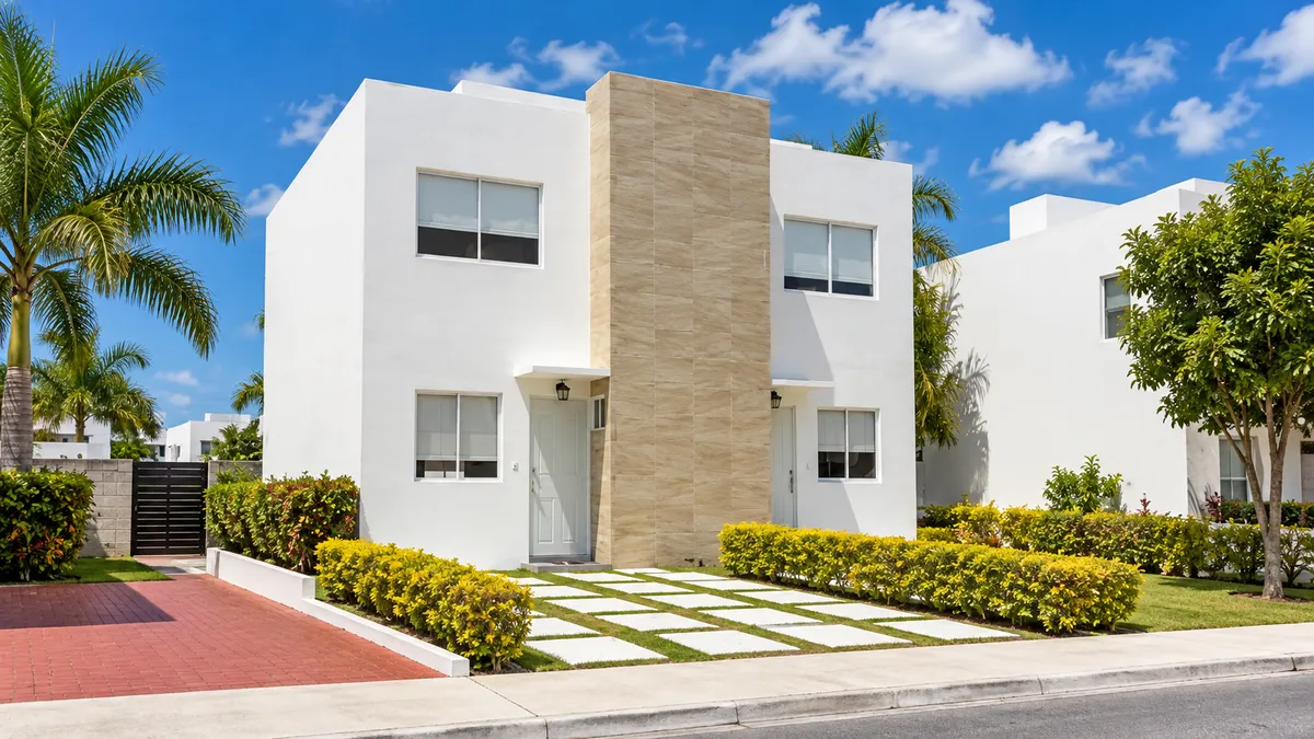 Fachada del modelo San Carlos, casa blanca de dos niveles con jardín al frente
