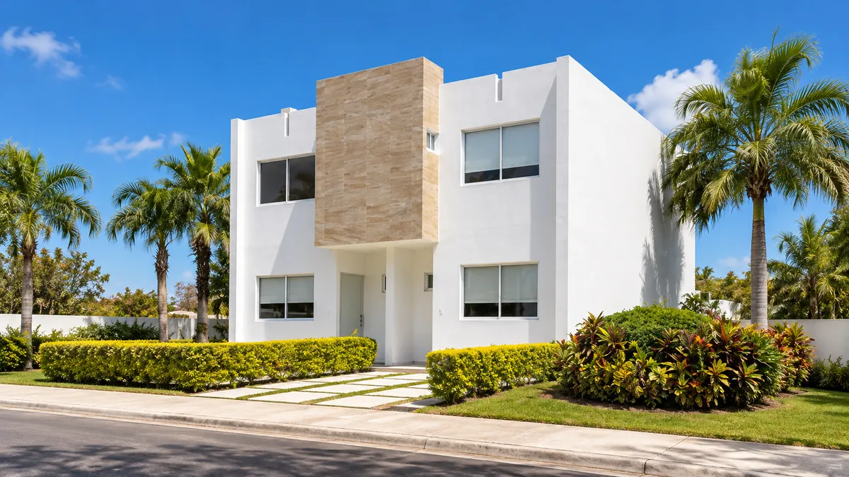 Fachada del modelo San Arturo, casa blanca de dos niveles con palmeras